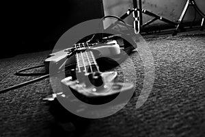 Bass Guitar In Music Studio. Musical Instruments and Equipment