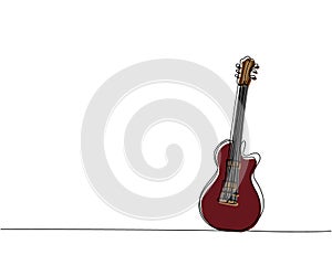 Bass guitar one line color art. Continuous line drawing of musical, equipment, song, guitar, electric, melody, rock