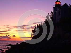 Bass Harbor Head Lighthouse at sunset in Maine