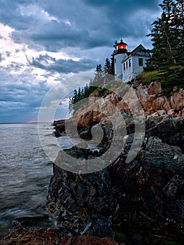 Bass Harbor Lighthouse and stormclouds at dusk