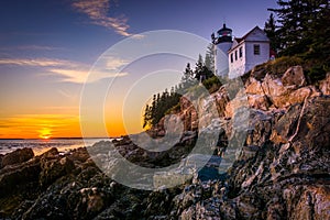 Bass Harbor Lighthouse at sunset, in Acadia National Park, Maine