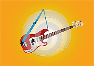 Red and white bass guitar hanging on blue stripe at sunny background