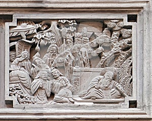 Bass-relief plaque on the doorway of the house in the Grand Canal, ancient town of Yuehe in Jiaxing, China