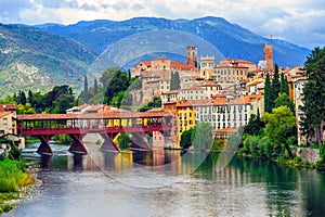 Bassano del Grappa Old Town and Ponte degli Alpini bridge, Italy photo