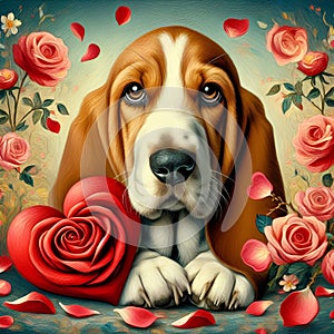 A basset hound dog in a cute pose, with a heart made of rose, flower petals arounds, in love scene, romance, painting, cute