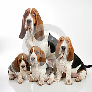Basset hound dog with puppies close-up portrait isolated on white. Hunting breed of unusual appearance with large ears.