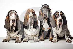Basset Hound Family Foursome Dogs Sitting On A White Background photo