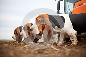 basset hounds sniffing around a tractor