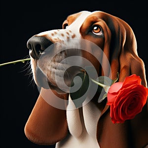 Bassett hound offers owner a red rose in mouth