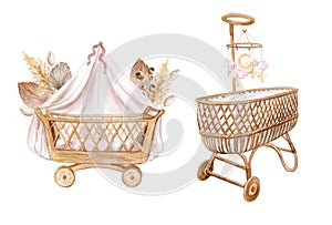 bassinet, crib for newborns. Newborn in a cradle. Boho