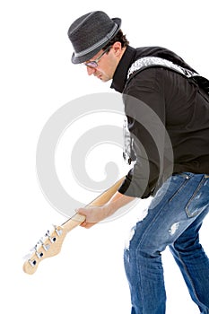 Bassist playing on white background