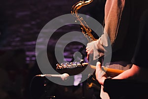 Bassist and trumpet player playing jazz music on stage