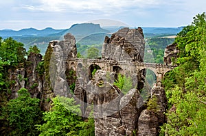 Bastei Bridge and Mesa Lilienstein, Saxon Switzerland, Saxony, Germany, Europe photo