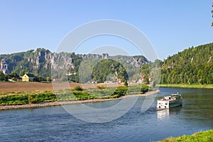 Bastei with Elbe river and boat in Saxony