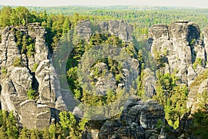 Bastei natural rock formations in Saxon Switzerland National Park, Germany.