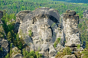 Bastei natural rock formations in Saxon Switzerland National Park, Germany.
