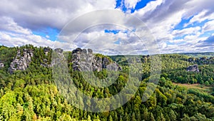 Bastei Rocks in Swiss Saxony, beautiful landscape scenery around the ruins of Neurathen Castle, Elbe Sandstone Mountains in Saxon