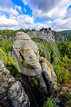 Bastei Rocks in Swiss Saxony, beautiful landscape scenery around the ruins of Neurathen Castle, Elbe Sandstone Mountains in Saxon
