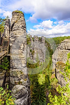 Bastei Rocks in Swiss Saxony, beautiful landscape scenery around the ruins of Neurathen Castle, Elbe Sandstone Mountains in Saxon