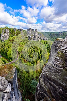 Bastei Rocks in Swiss Saxony, beautiful landscape scenery around the ruins of Neurathen Castle, Elbe Sandstone Mountains in Saxon