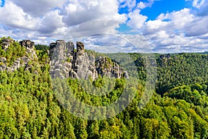 Bastei Rocks in Swiss Saxony, beautiful landscape scenery around the ruins of Neurathen Castle, Elbe Sandstone Mountains in Saxon