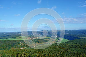 Bastei viewpoint on the Elbe river valley in Saxon Switzerland located in Germany on a sunny autumn day