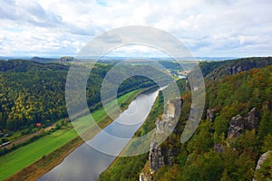 Bastei viewpoint on the Elbe river valley in Saxon Switzerland located in Germany on a sunny autumn day