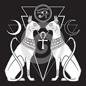 Bastet or Bast ancient Egyptian goddess sphynx cat in gothic style hand drawn vector illustration