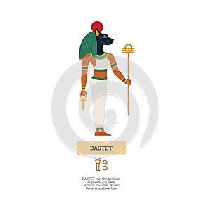 Bastet or Bast ancient Egyptian love goddess, flat vector illustration isolated.