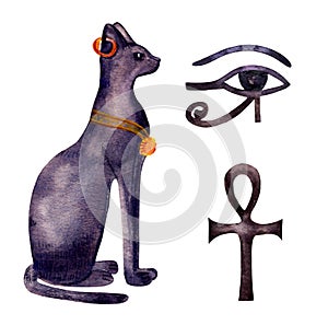 Bastet egyptian cat watercolor. Symbol egypt