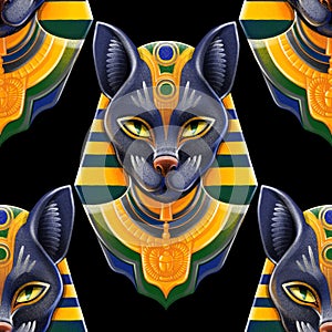 Bastet goddes. Cat wearing pharaoh's headdress in the style of digital airbrushing