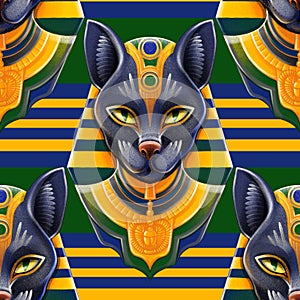 Bastet goddes. Cat wearing pharaoh's headdress in the style of digital airbrushing