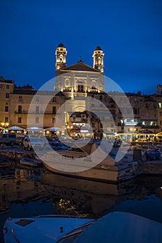 Bastia, Corsica, Cap Corse, night, skyline, old port, harbor, boats, church