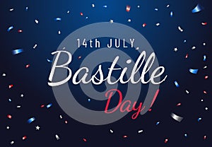 Bastille Day banner design with flying confetti on dark background. July 14, National Day of France