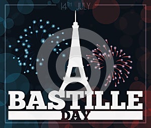 Bastille Day Celebration Postcard with Fireworks, Vector Illustration