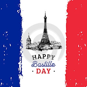 Bastille Day design.Drawn illustration of Eiffel Tower.French National Day background.14th July concept for card,poster.