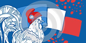 Bastille Day design template with gallic rooster and national flag of France. Hand drawn vector illustration