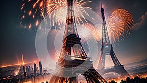 Bastille Day Fireworks at the Eiffel Tower.AI Generated