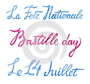 Bastille day greeting lettering design. Texts `14th of July` `French National day `. Greeting card and poster design