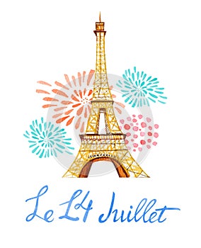 Bastille day. Le 14 Juillet. Text `14th of July`. French National day greeting card and poster design