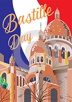 Bastille day poster. Vector hand drawn illustration. Sacre coeur, Paris, France.