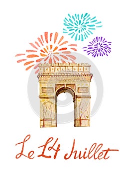 Bastille day. Text `14th of July`. French National day greeting card and poster design. Hand drawn watercolor illustration