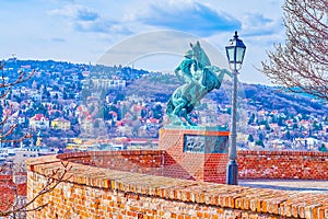 The bastion of Buda Castle Hill with equestrian statue to two hussars who died in the First World War, Budapest, Hungary