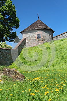 Bastion and stone wall -part of medieval fortification at Slovak castle Cerveny kamen