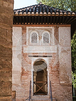 A bastion tower inside the Alhambra palace complex in Granada, Andalusia, Spain
