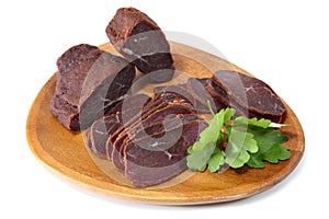 Basturma, dried fillet of beef meat, cut into thin slices.