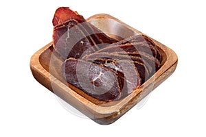 Basturma, dried tenderloin of beef meat, thinly sliced, on white