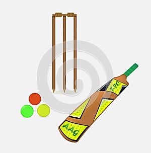 Cricket bat, ball, wicket, illustration, vector on a white background.