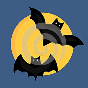 Bat cartoon flying wildlife mammal symbol spooky horror animal and mystery black waving halloween bird on full moon