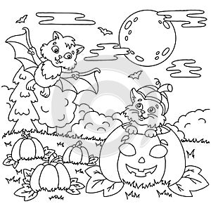 Bat and cat in a pumpkin. Halloween theme. Coloring book page for kids. Cartoon style. Vector illustration isolated on white